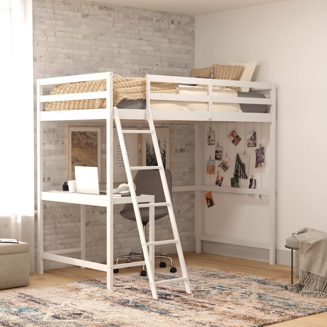 Riley Loft Bed Frame with Desk, Twin Size Wooden Bed Frame with Protective Guard Rails &amp; Ladder for Kids and Teens - White