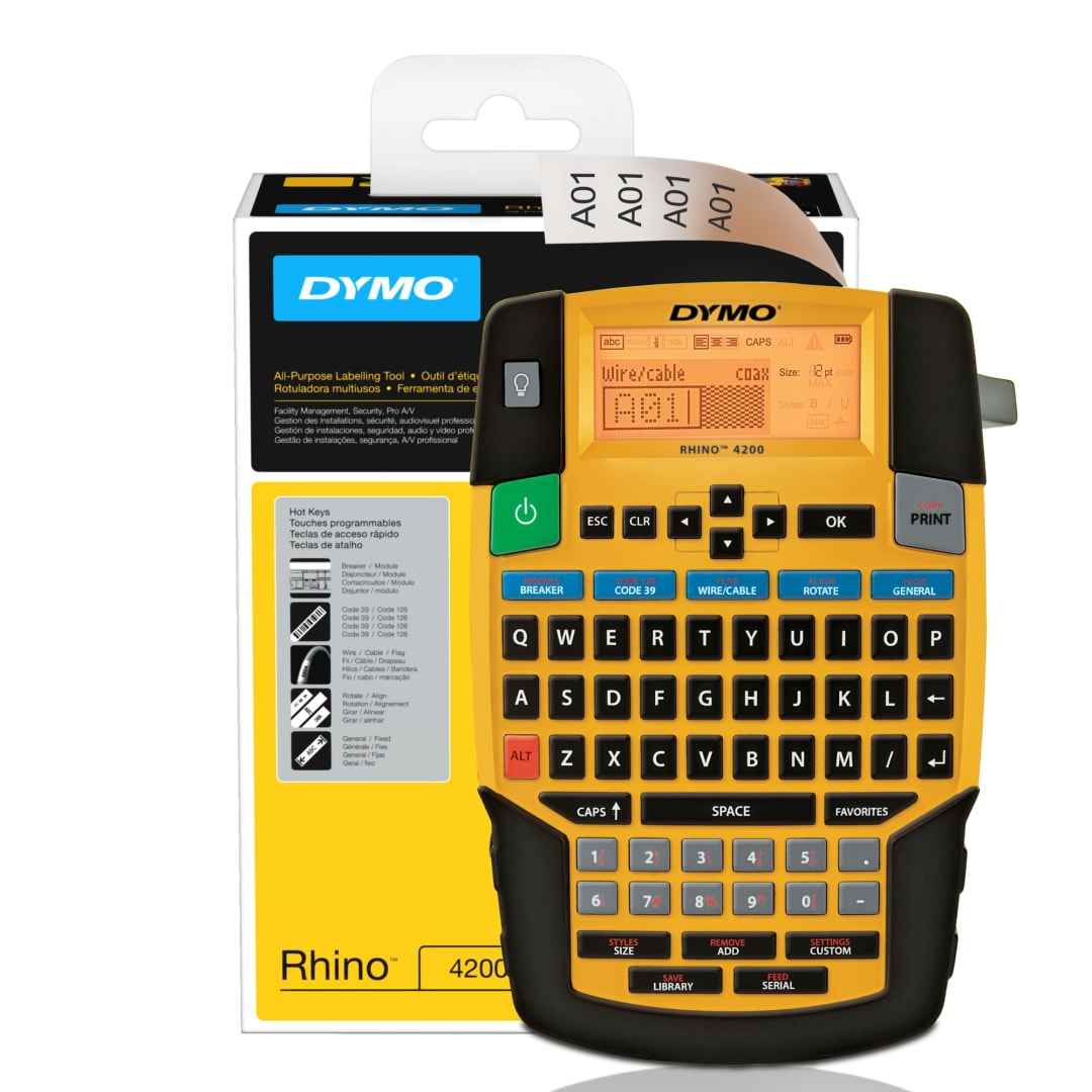 DYMO® Industrial Label Maker, Rhino 4200 Label Maker, Time-saving Hot Keys, Prints Fast, Durable Label Maker for Job Sites and Heavy-Duty Labeling Jobs