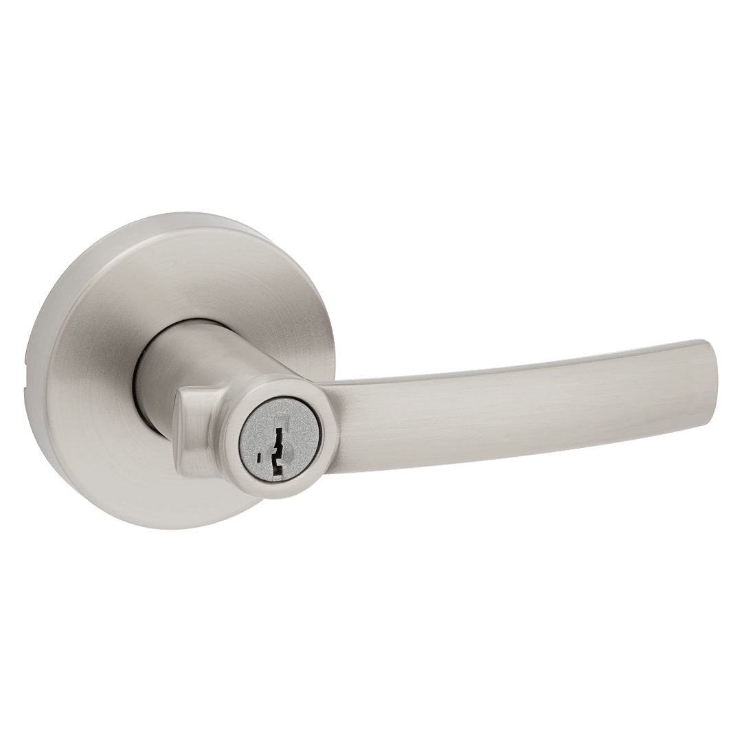 Sydney Keyed Entry Lever with Round Rose featuring SmartKey Security™ in Satin Nickel