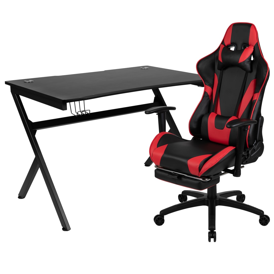 Optis Black Gaming Desk and Red/Black Footrest Reclining Gaming Chair Set with Cup Holder, Headphone Hook &amp; 2 Wire Management Holes