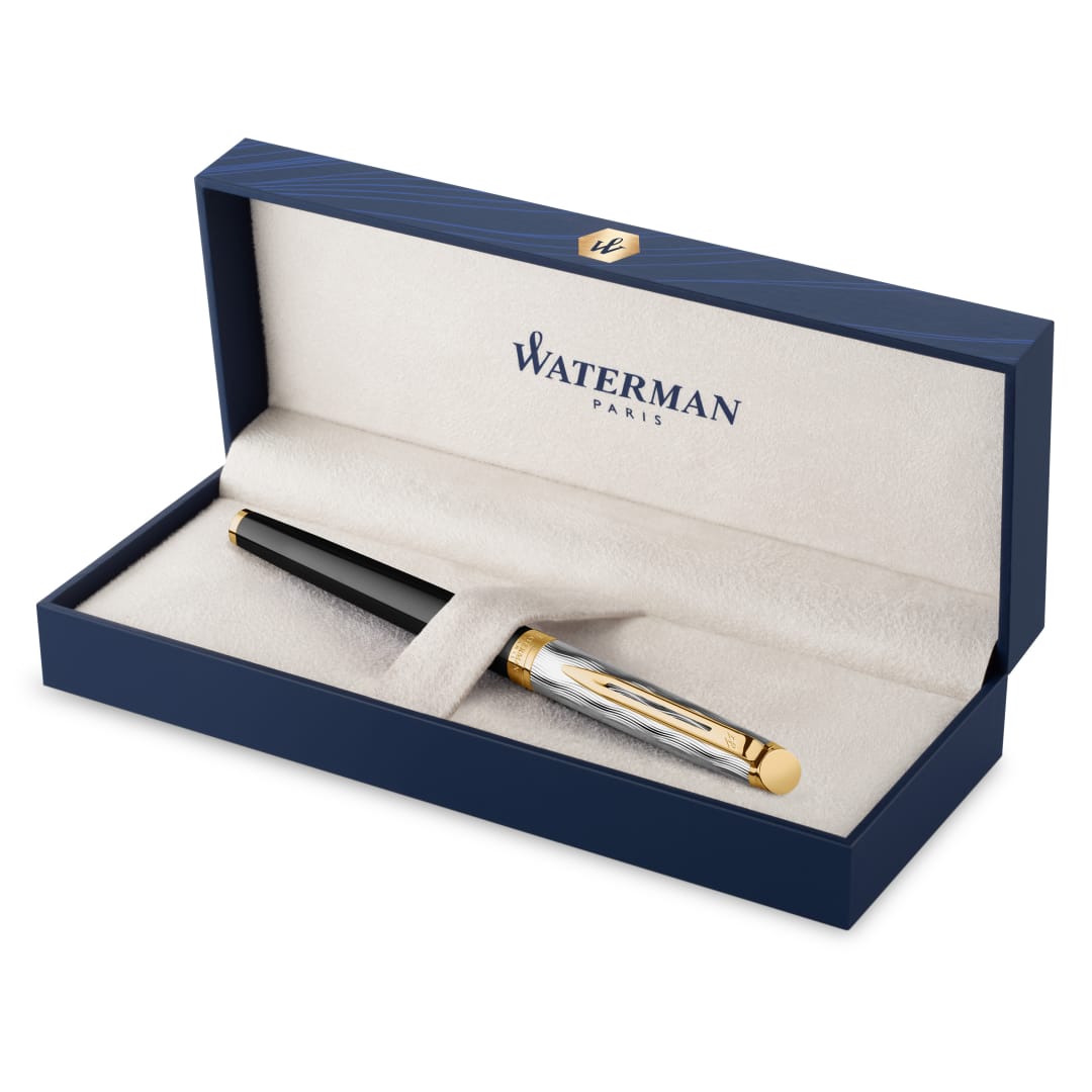 Waterman Hémisphère Bolígrafo Rollerball | Metal y laca negra con detalles dorados y capuchón grabado | Punta fina | Tinta negra | Caja de regalo