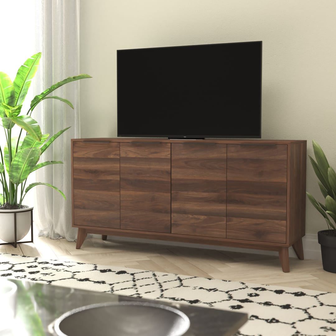 Hatfield Mid-Century Modern 60 Inch 4 Door Storage Buffet Sideboard, 4 Soft Close Doors, Adjustable Shelves, TV Stand for up to 64" TV's, Dark Walnut