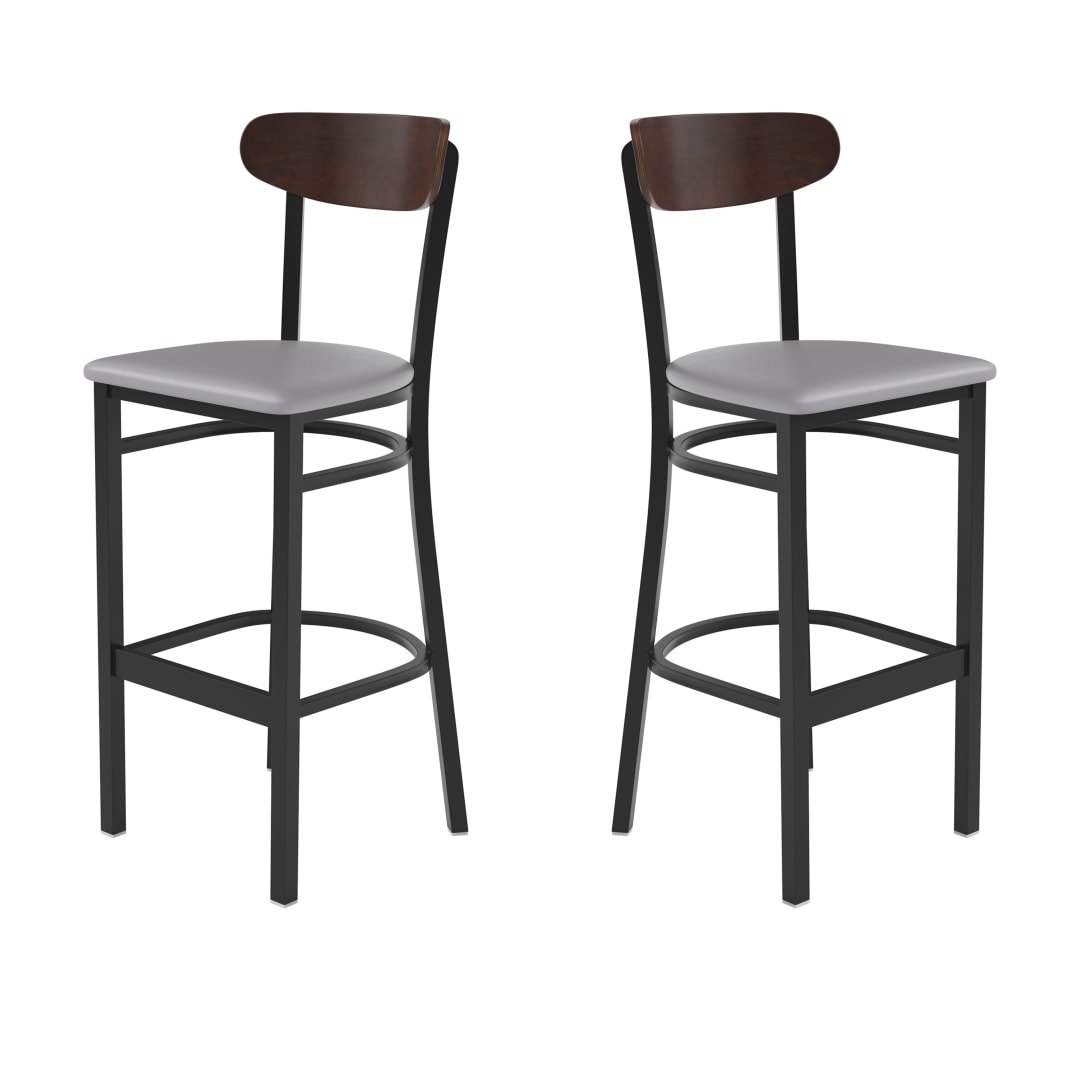 Wright Set of 2 Commercial Barstools with 500 LB. Capacity Black Steel Frame, Walnut Finish Wooden Boomerang Back, and Gray Vinyl Seat