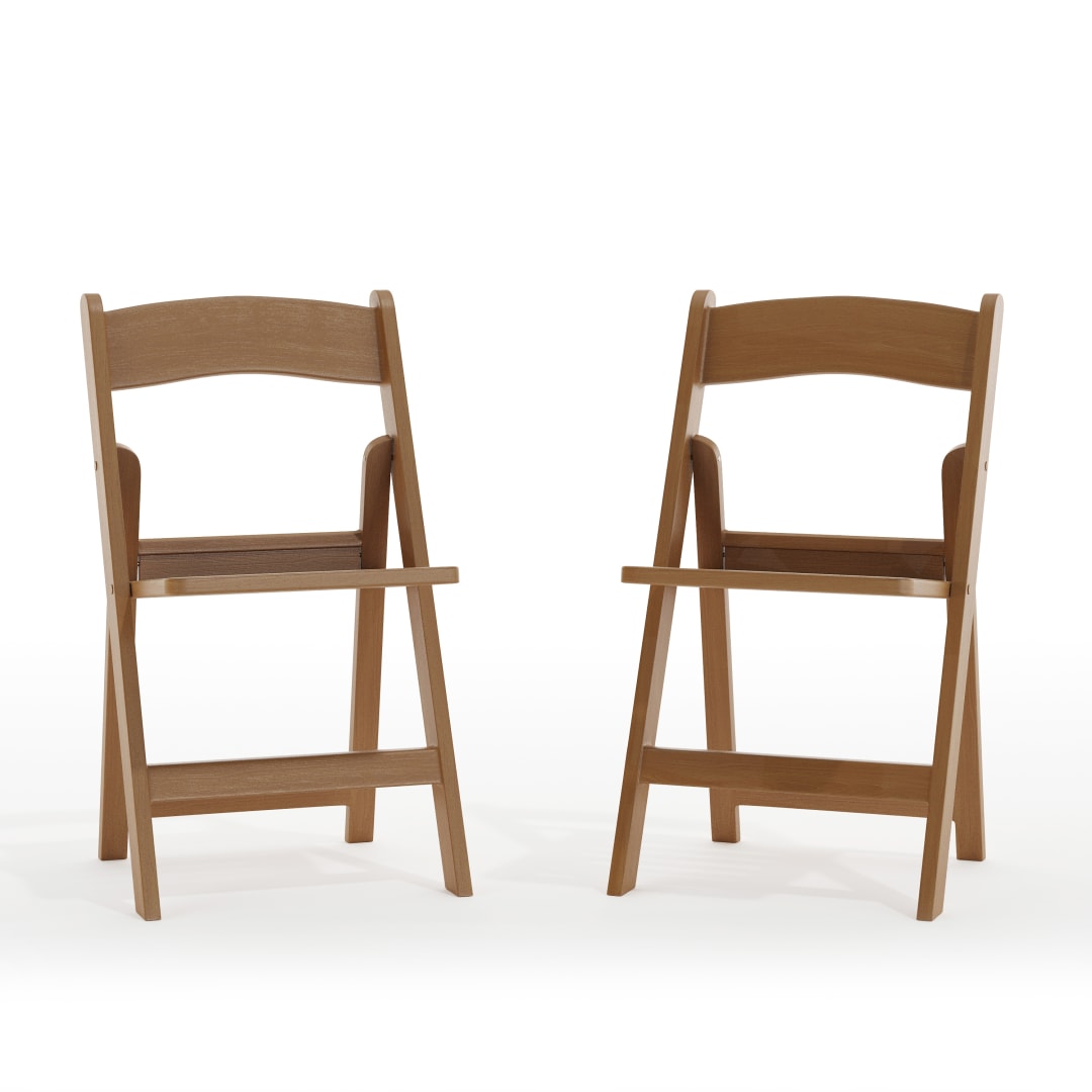 HERCULES 2 Pack Commercial Chestnut Indoor/Outdoor Lightweight Wood Look Resin Folding Event Chair with Slatted Seat