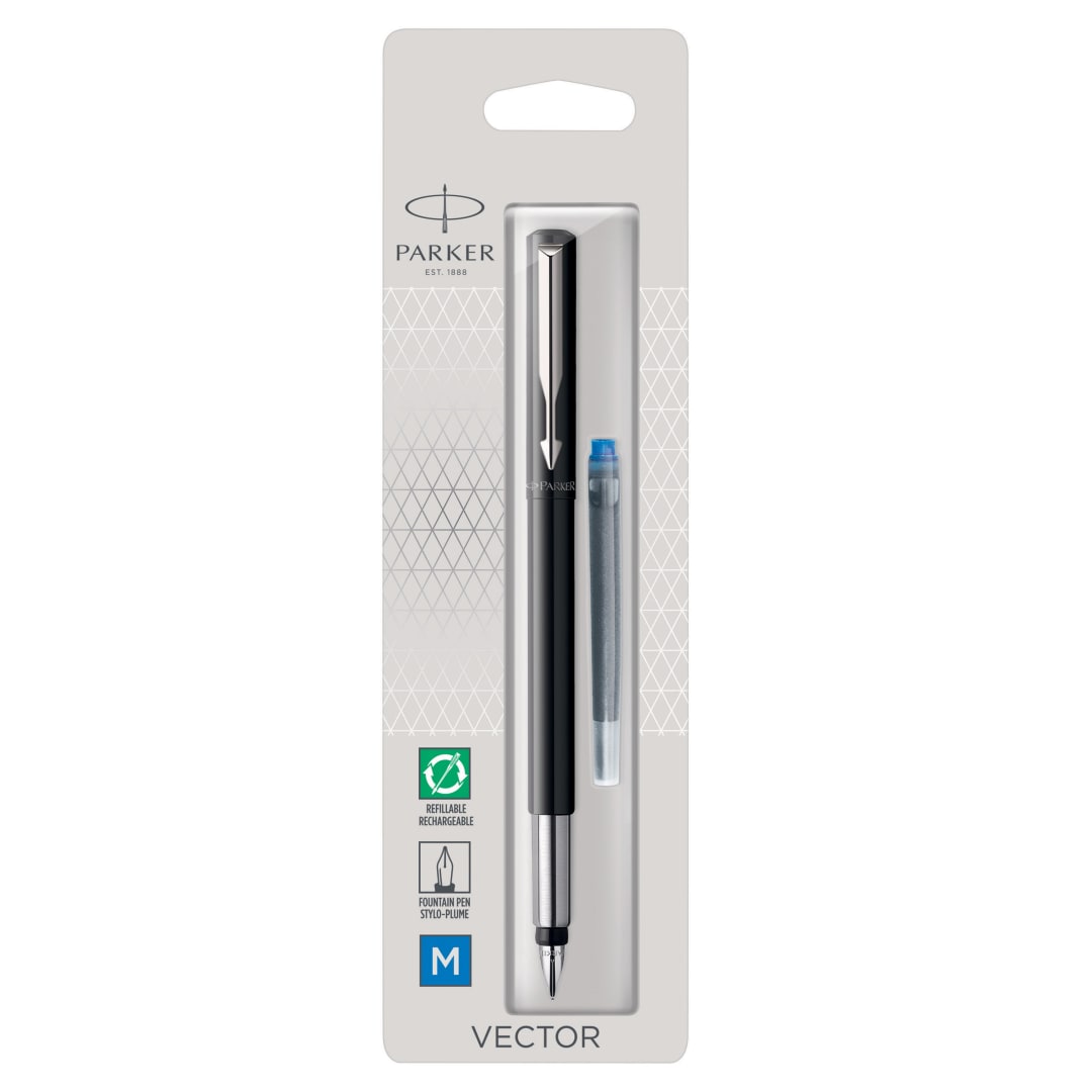 Stylo plume Vector de Parker, noir avec bordure chromée, pointe moyenne, encre bleue, languette à suspendre