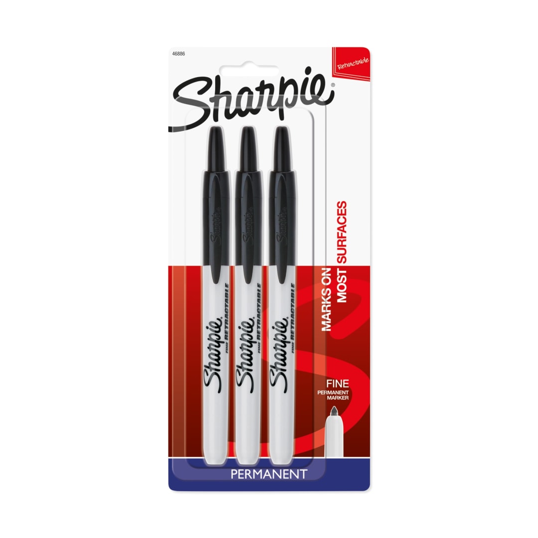 Sharpie® Retractable Permanent Markers, Fine Point, Black, 3 Count