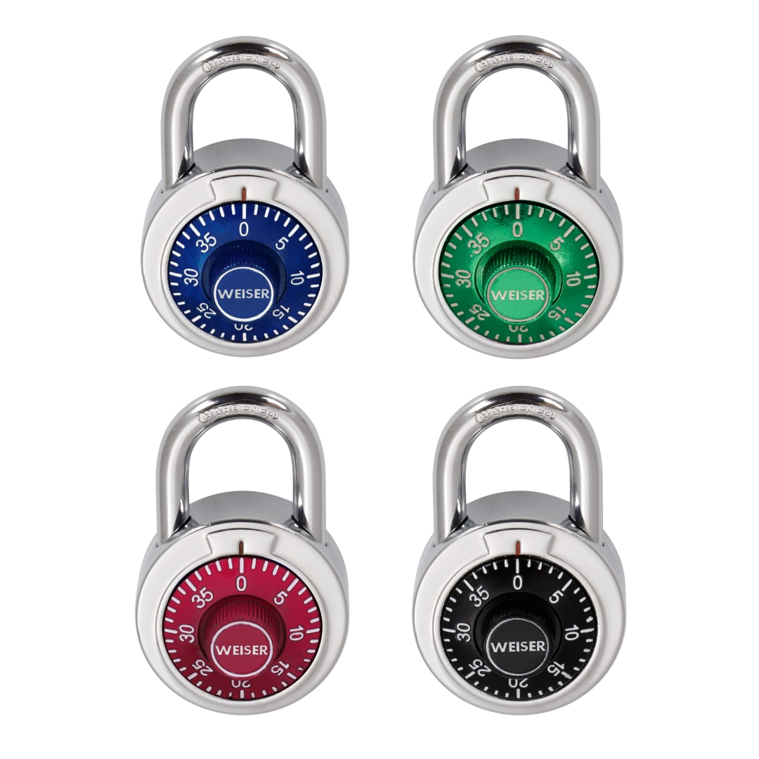 Weiser 3-Digit Combination Dial Padlock, School Gym Locker Lock, 2 in Body, 4 Pack, Silver