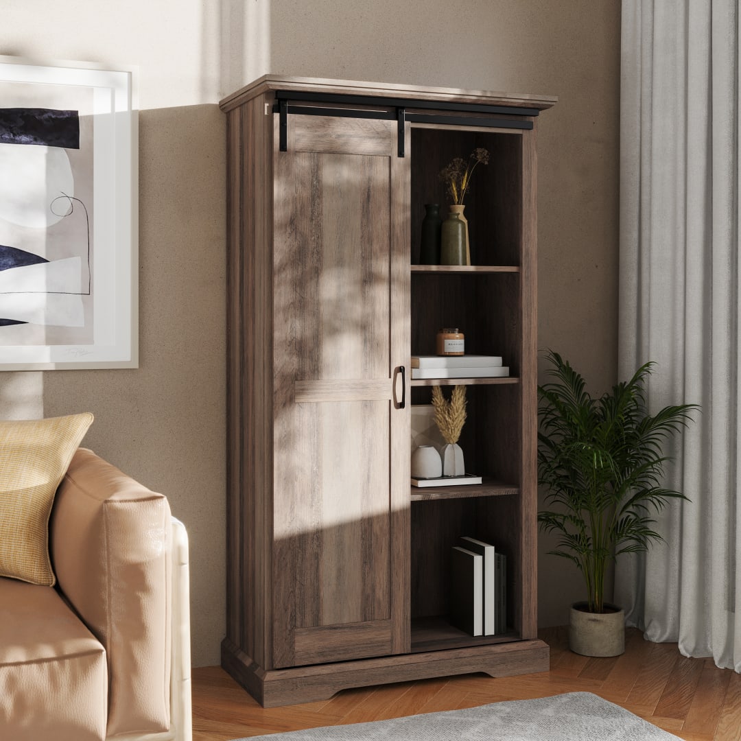 Harrison 36" Wide Rustic Farmhouse Storage Cabinet Bookcase with Sliding Barn Door and 4 Adjustable and 2 Fixed Shelves in Graywash
