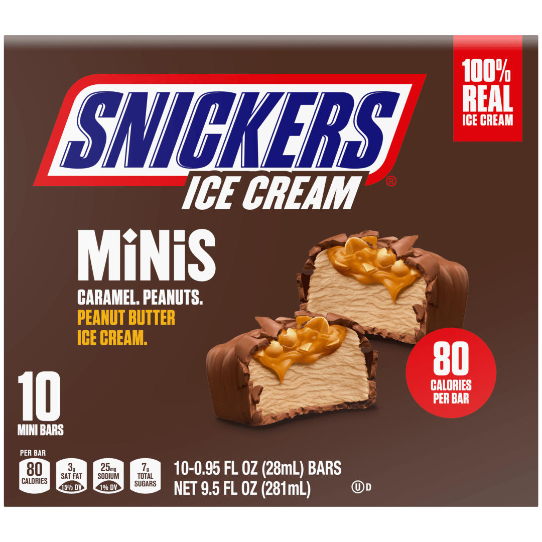 SNICKERS Ice Cream Minis, Milk Chocolatey Caramel Peanut Butter Ice Cream Bars, 10 Pack, 9.5 Oz