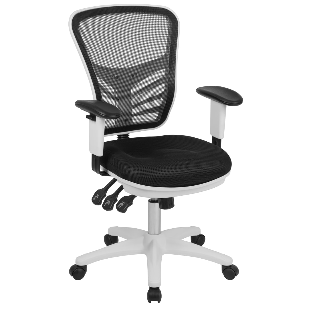Nicholas Mid-Back Black Mesh Multifunction Executive Swivel Ergonomic Office Chair with Adjustable Arms and White Frame