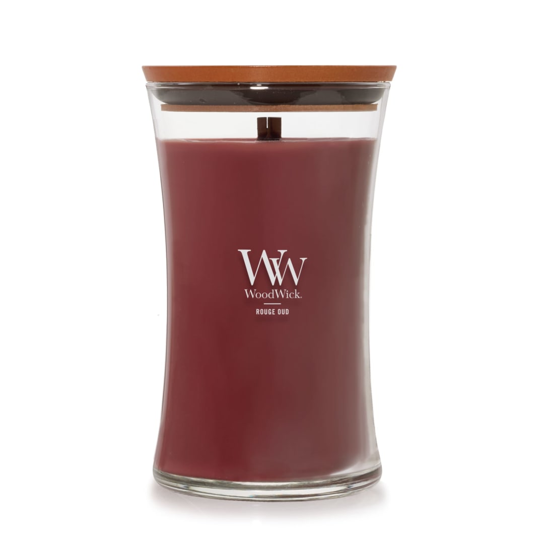 WoodWick® Rouge Oud Scented Large Hourglass Candle, Crackles as it burns, Up to 120 hrs burn time, Perfect for gifting, 21 oz