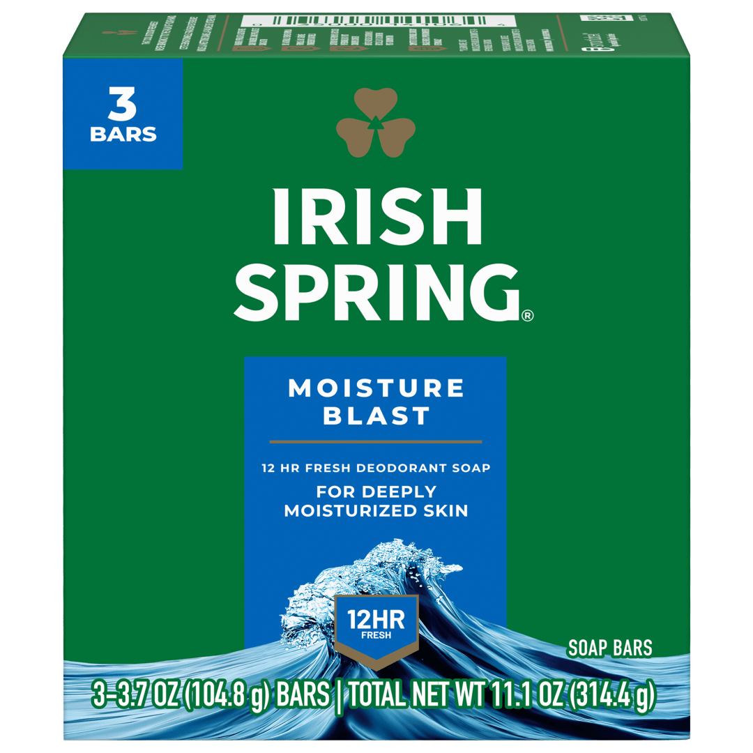 Irish Spring Moisture Blast Deodorant Bar Soap for Men, 12 Hour Fresh Deodorant Soap, 3.7 oz Bar (3 Pack)