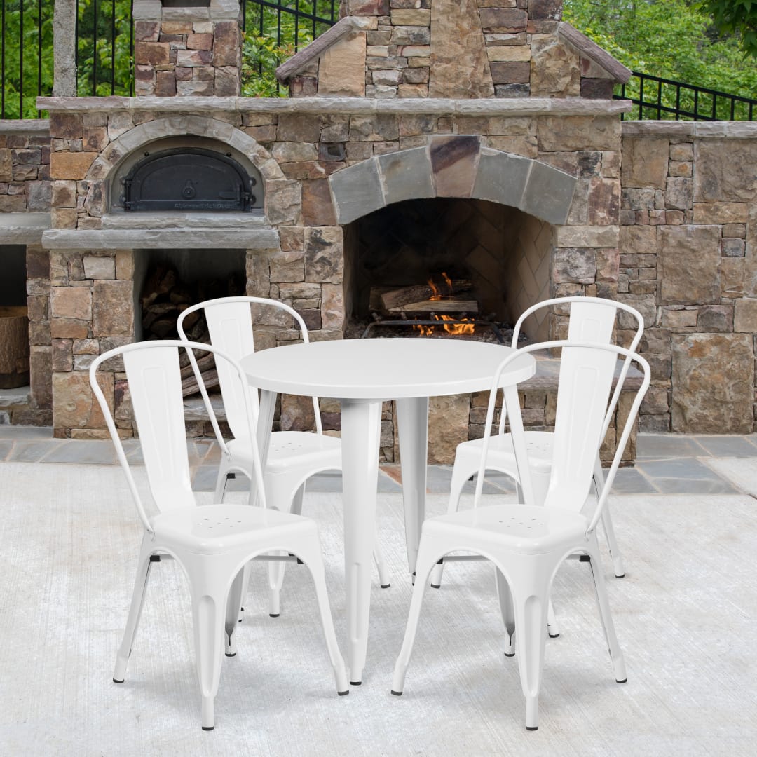 Dalton Commercial Grade 30" Round White Metal Indoor-Outdoor Table Set with 4 Cafe Chairs