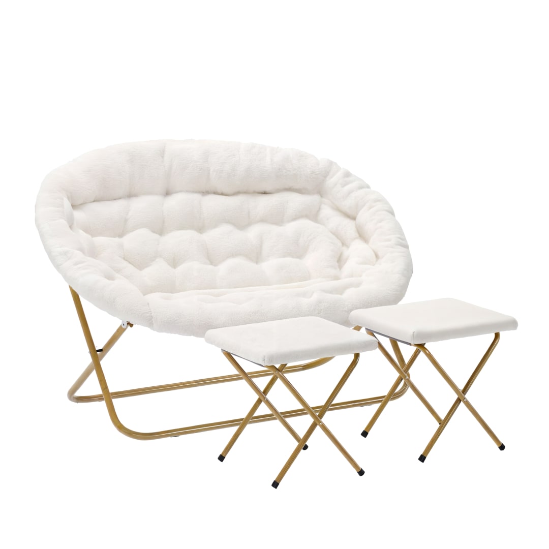 Eleanor 56" Portable Folding Double Saucer Chair with 2 Folding Ottomans Ivory Faux Shearling with a Soft Gold Steel Frame for Dorm or Bedroom