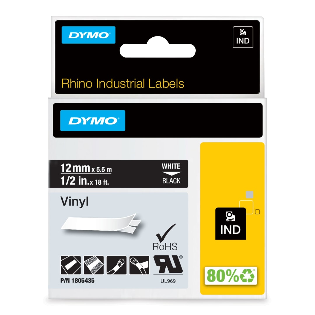 DYMO® Rhino Industrial Vinyl Labels, 1/2", White Print on Black Tape