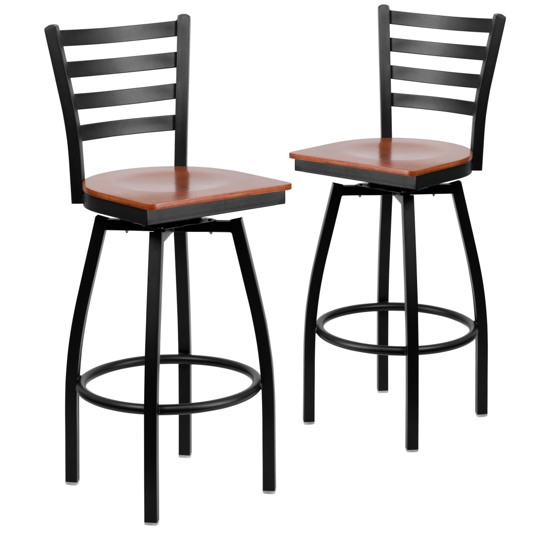 2 Pack HERCULES Series Black Ladder Back Swivel Metal Barstool - Cherry Wood Seat