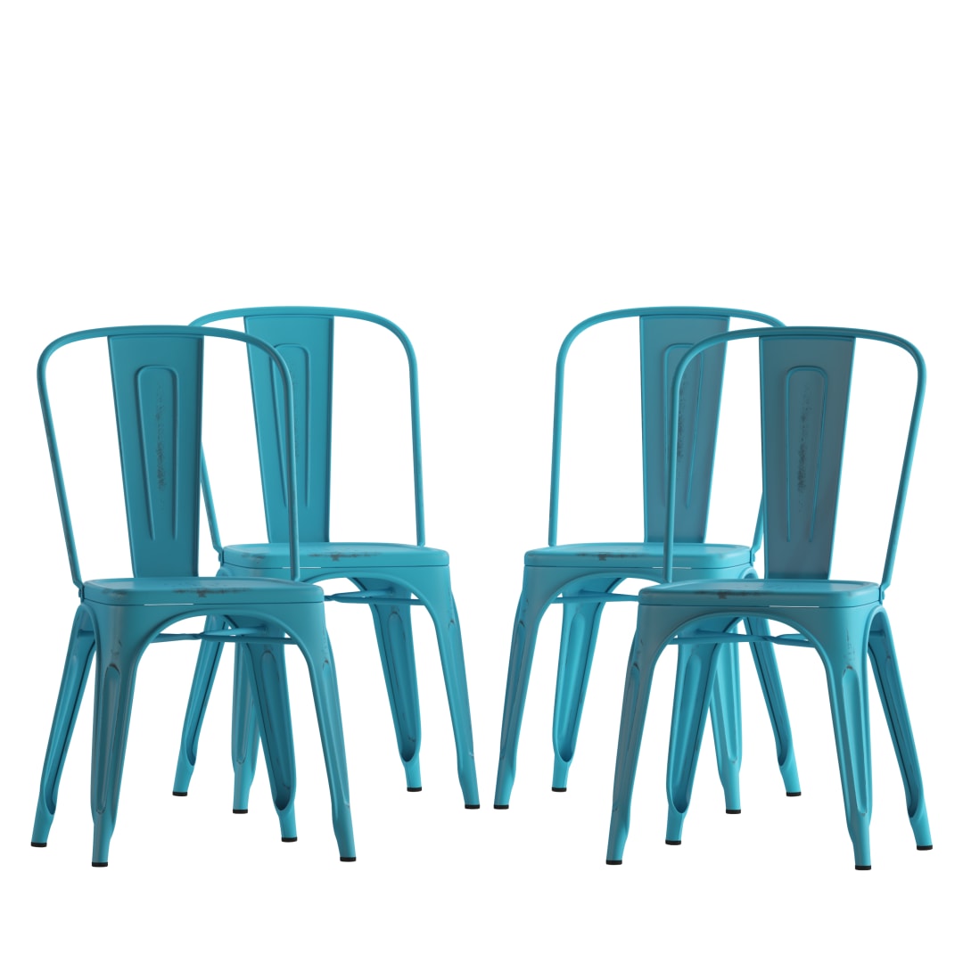 Tenley Set of 4 Commercial Grade Distressed Blue Metal Indoor-Outdoor Stackable Chairs