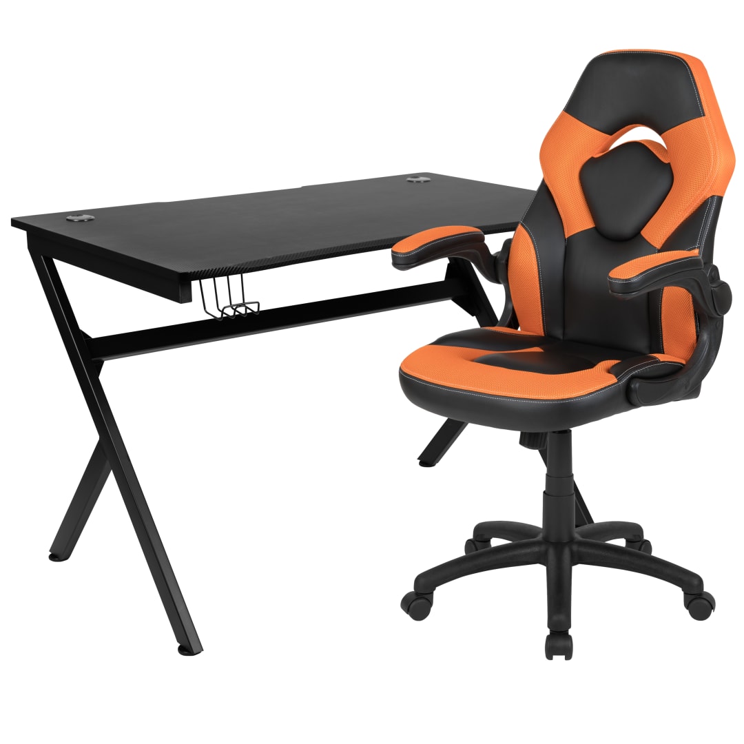 Optis Black Gaming Desk and Orange/Black Racing Chair Set with Cup Holder, Headphone Hook &amp; 2 Wire Management Holes