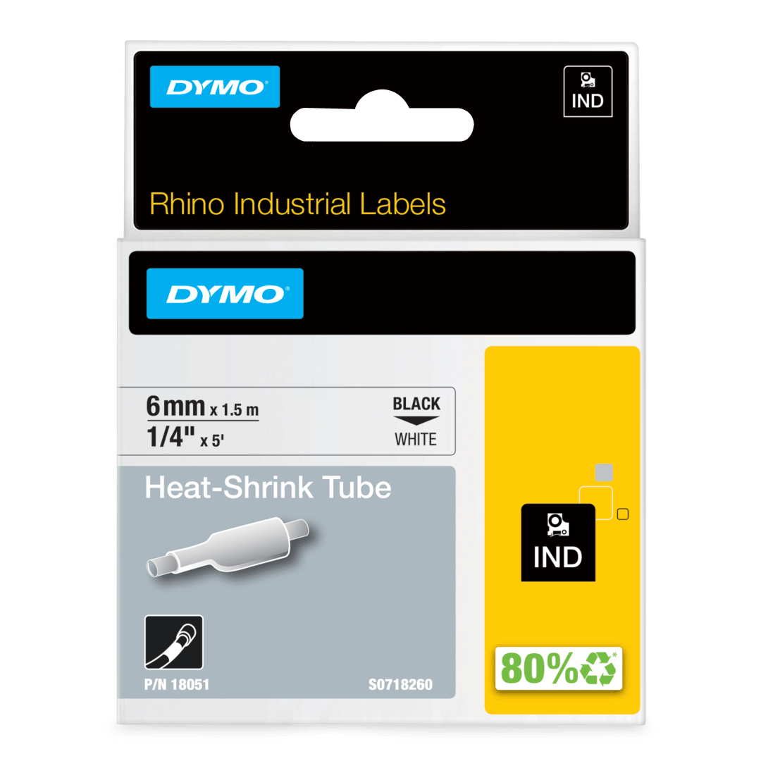 DYMO® Industrial Heat-Shrink Labels | Authentic DYMO® Labels, For Tubing or Cables (1/4" Tube, Black on White)