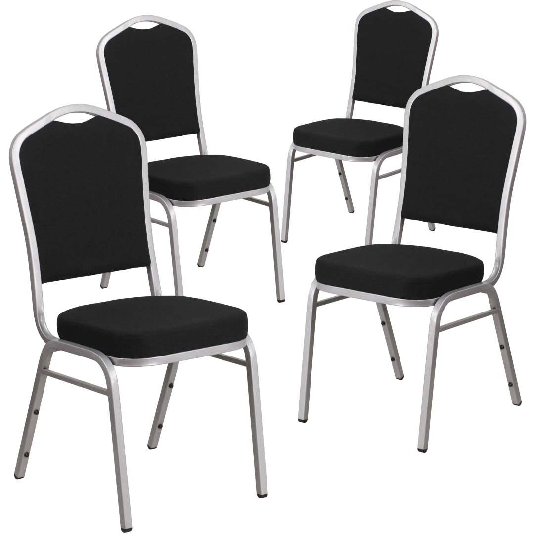 4 Pack HERCULES Series Crown Back Stacking Banquet Chair in Black Fabric - Silver Frame