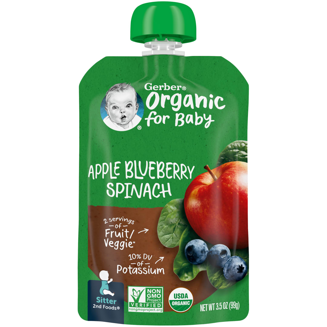 Gerber Organic Stage 2 Baby Food, Apple Blueberry Spinach, 3.5 oz Pouch (6 Pack)