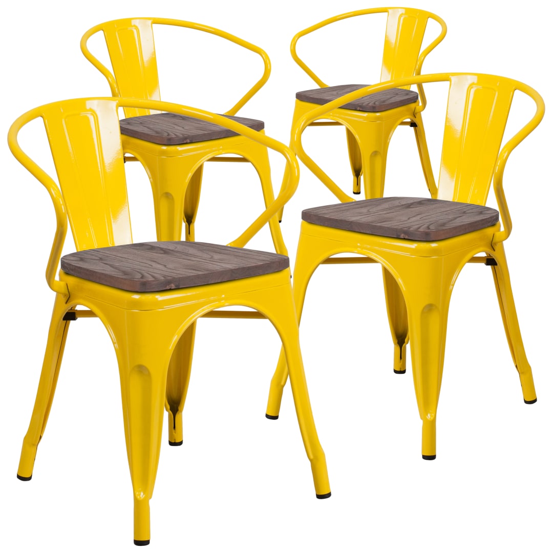 Roy 4 Pk. Yellow Metal Chair with Wood Seat and Arms