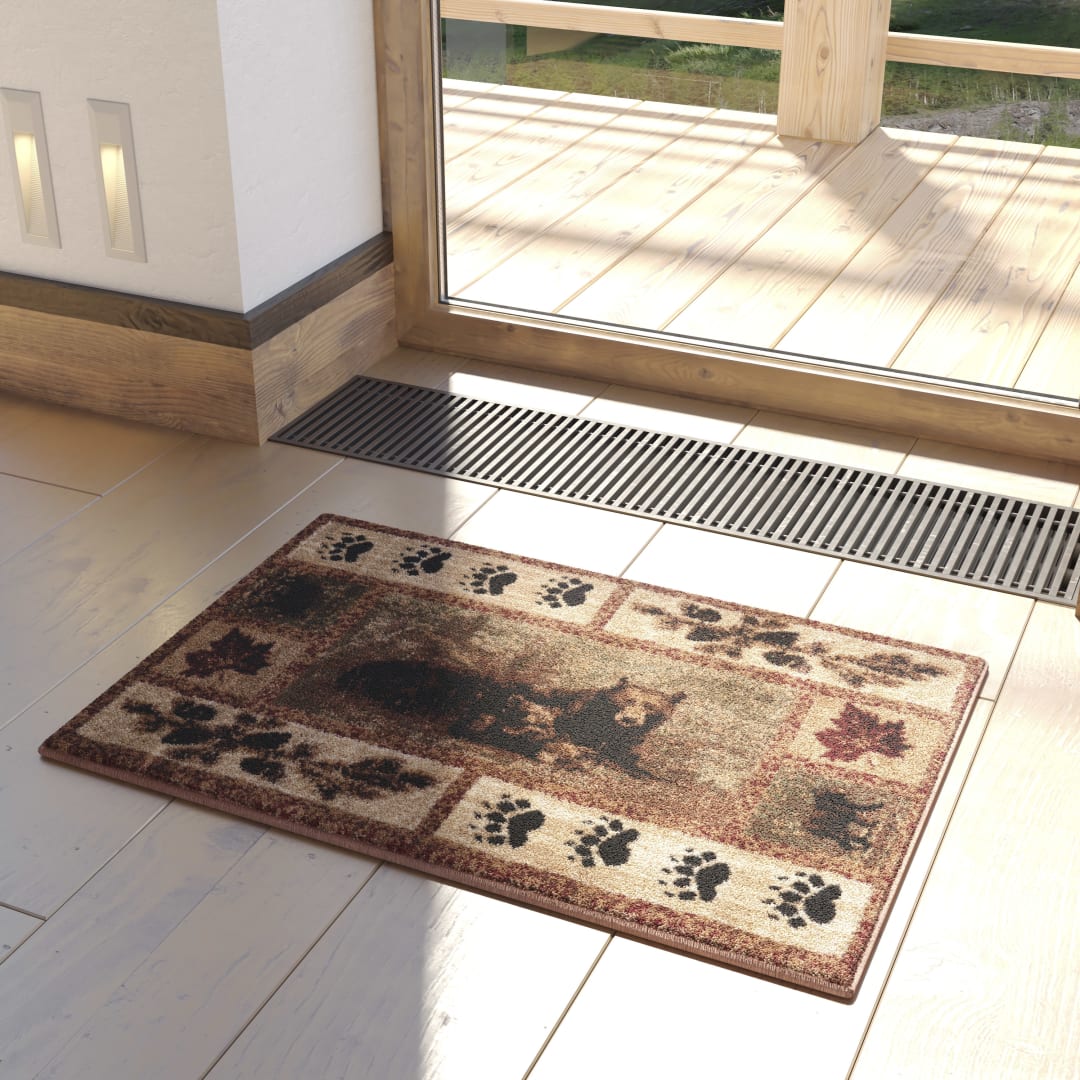Vassa Collection 2' x 3' Mother Bear &amp; Cubs Nature Themed Olefin Area Rug with Jute Backing for Entryway, Living Room, Bedroom