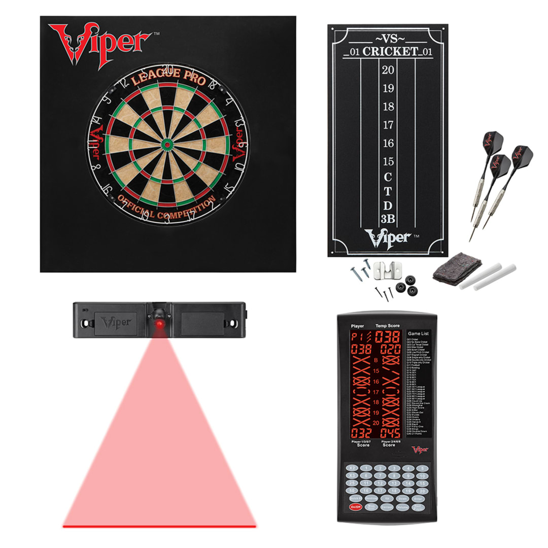 Viper League Sisal Dartboard, Viper ProScore, Throw Line Light, and Viper Wall Defender II