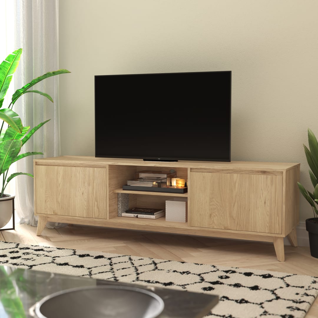 Hatfield Mid-Century Modern TV Stand in Light Natural for 65+ Inch TV's - 70 Inch Media Center with Adjustable Center Shelf and Dual Soft Close Doors
