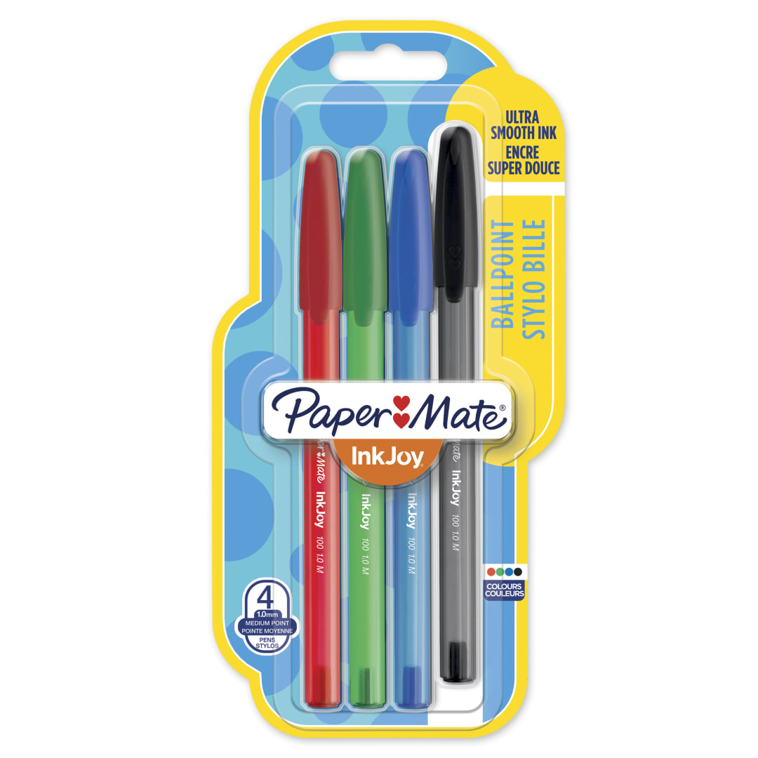 Paper Mate InkJoy 100ST bolígrafos | punta mediana (1,0 mm) | rojo, verde, azul y negro | paquete de 4