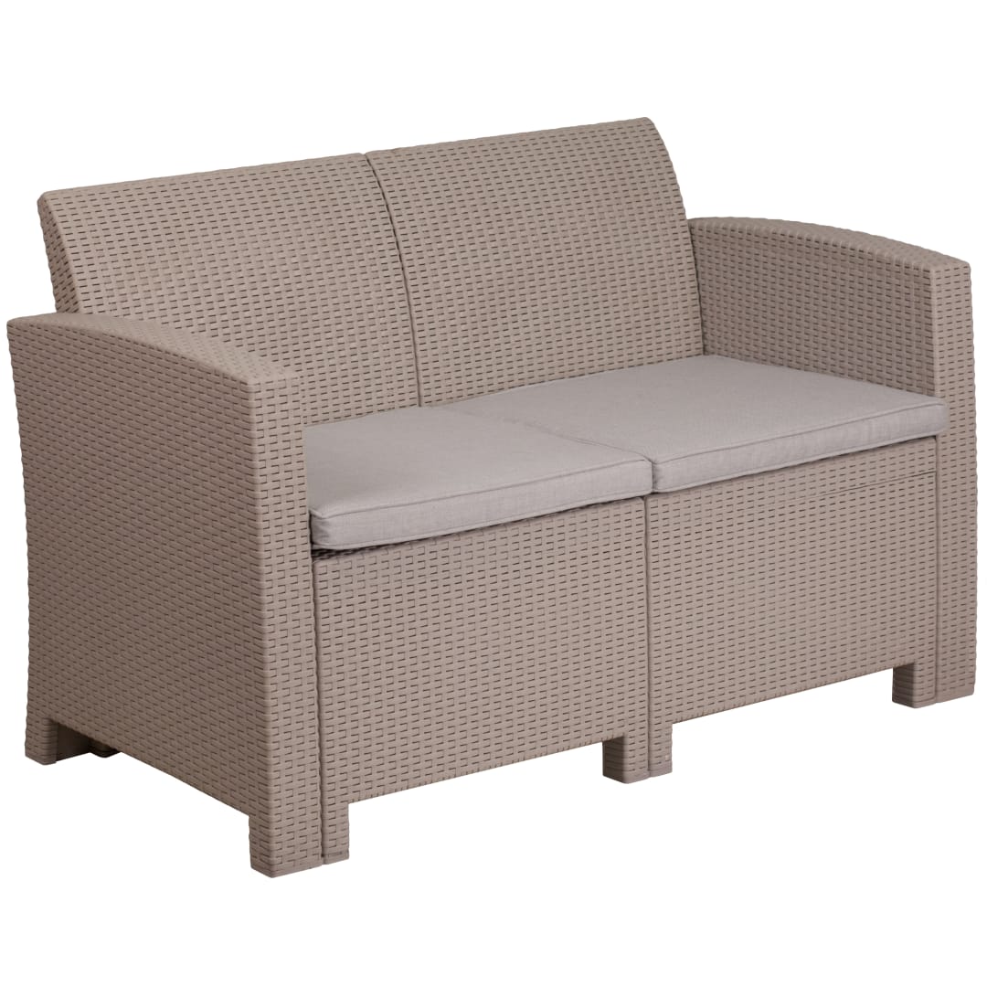 Seneca Light Gray Faux Rattan Loveseat with All-Weather Seneca Light Gray Cushions