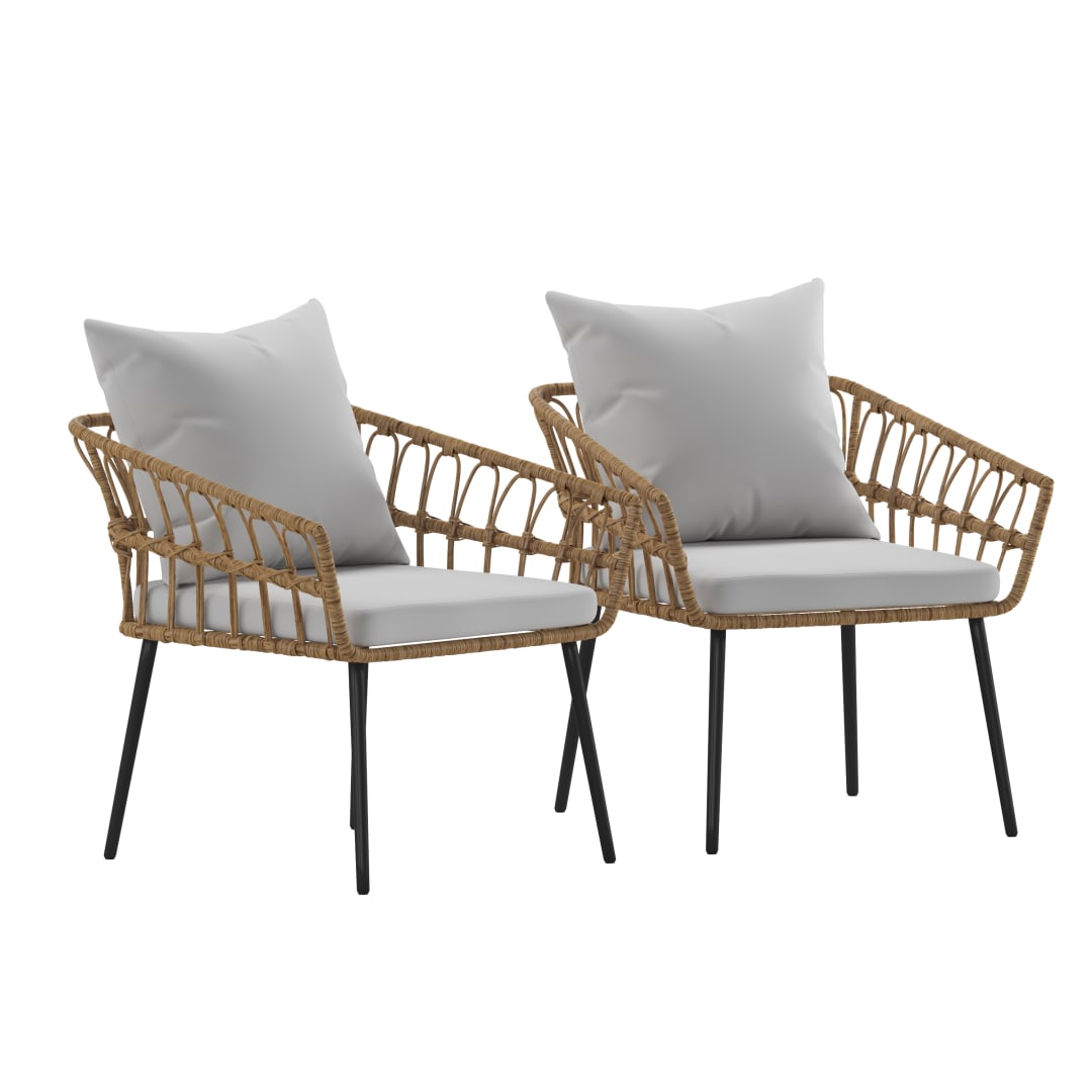 Evin Set of 2 Boho Indoor/Outdoor Rope Rattan Wicker Patio Chairs with Gray All-Weather Cushions, Natural