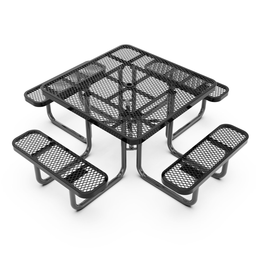 Creekside 46" Square Outdoor Picnic Table with Commercial Grade Heavy Gauge Expanded Metal Mesh Top and Seats and Steel Frame in Black