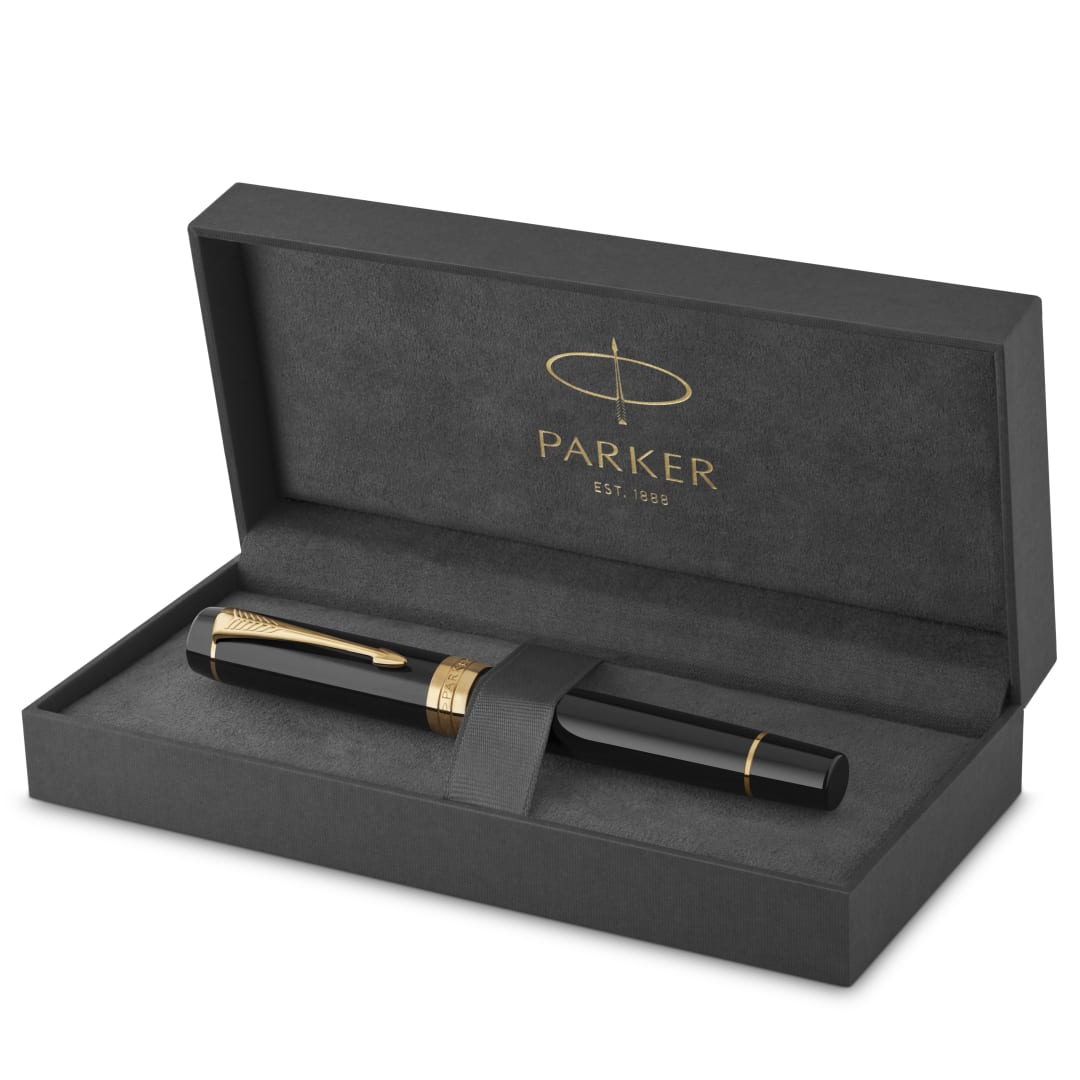Parker Duofold Centennial Fountain Pen, Classic Black with Gold Trim, Fine Solid Gold Nib, Black Ink and Convertor