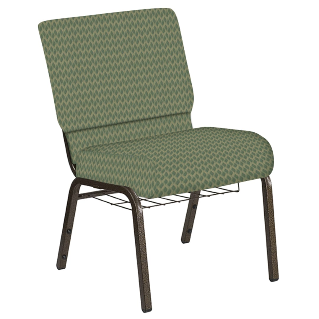 Embroidered 21''W Church Chair in Rapture Aloe Fabric with Book Rack - Gold Vein Frame