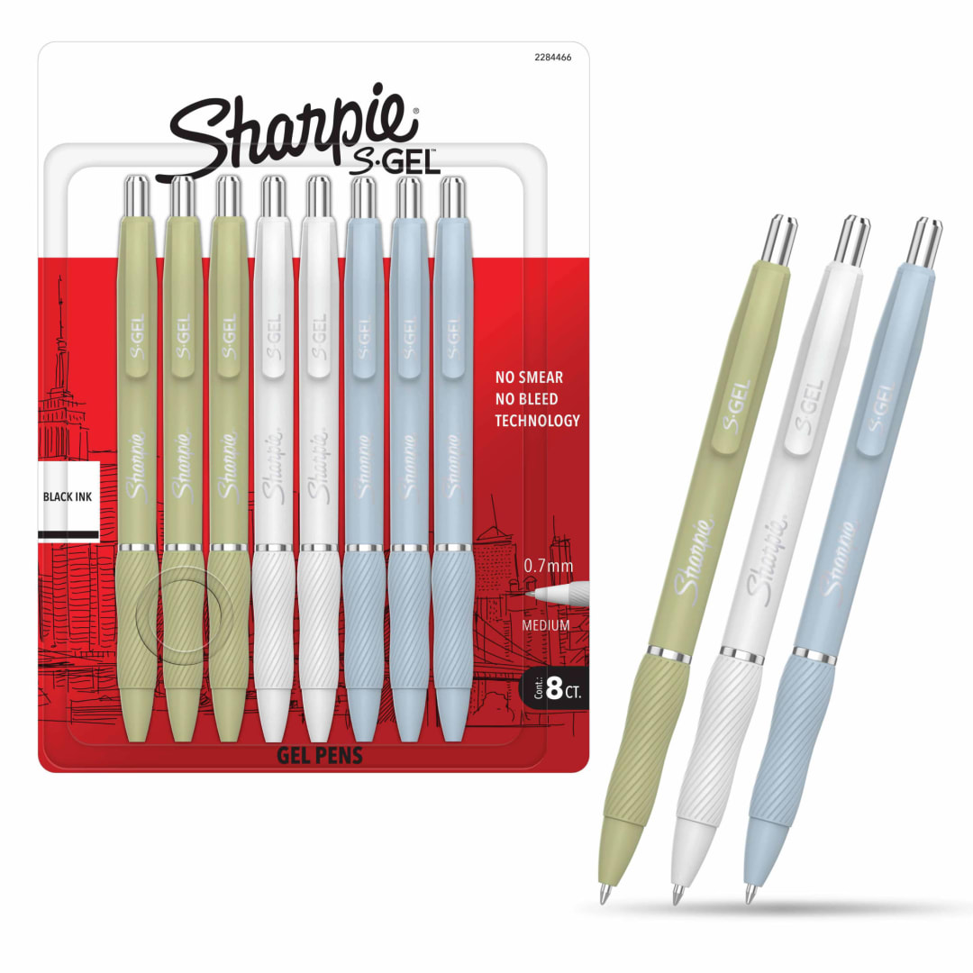 Sharpie S-Gel, Gel Pens, Medium Point (0.7mm), Assorted Fashion Barrels, Black Ink, 8 Count