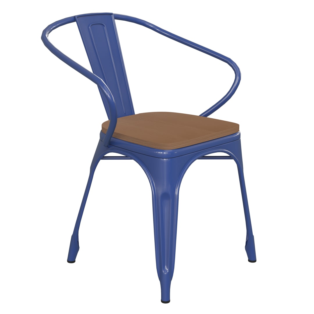 Luna Commercial Grade Blue Metal Indoor-Outdoor Chair with Arms with Teak Poly Resin Wood Seat
