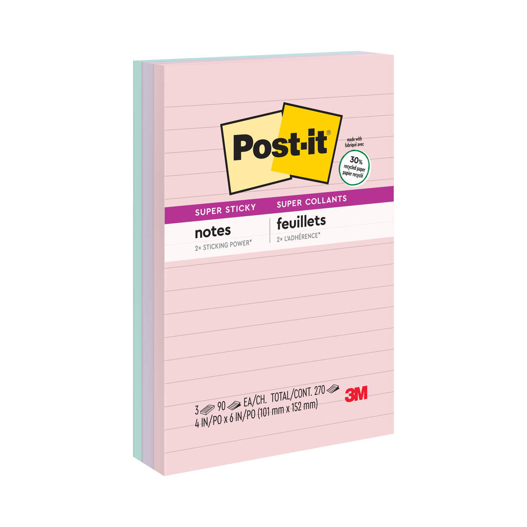 Bloco de Notas Super Adesivas Post-it® Coleção Paixão por Viajar, Pautado, 101 mm x 152 mm, 3 Blocos/Pacote