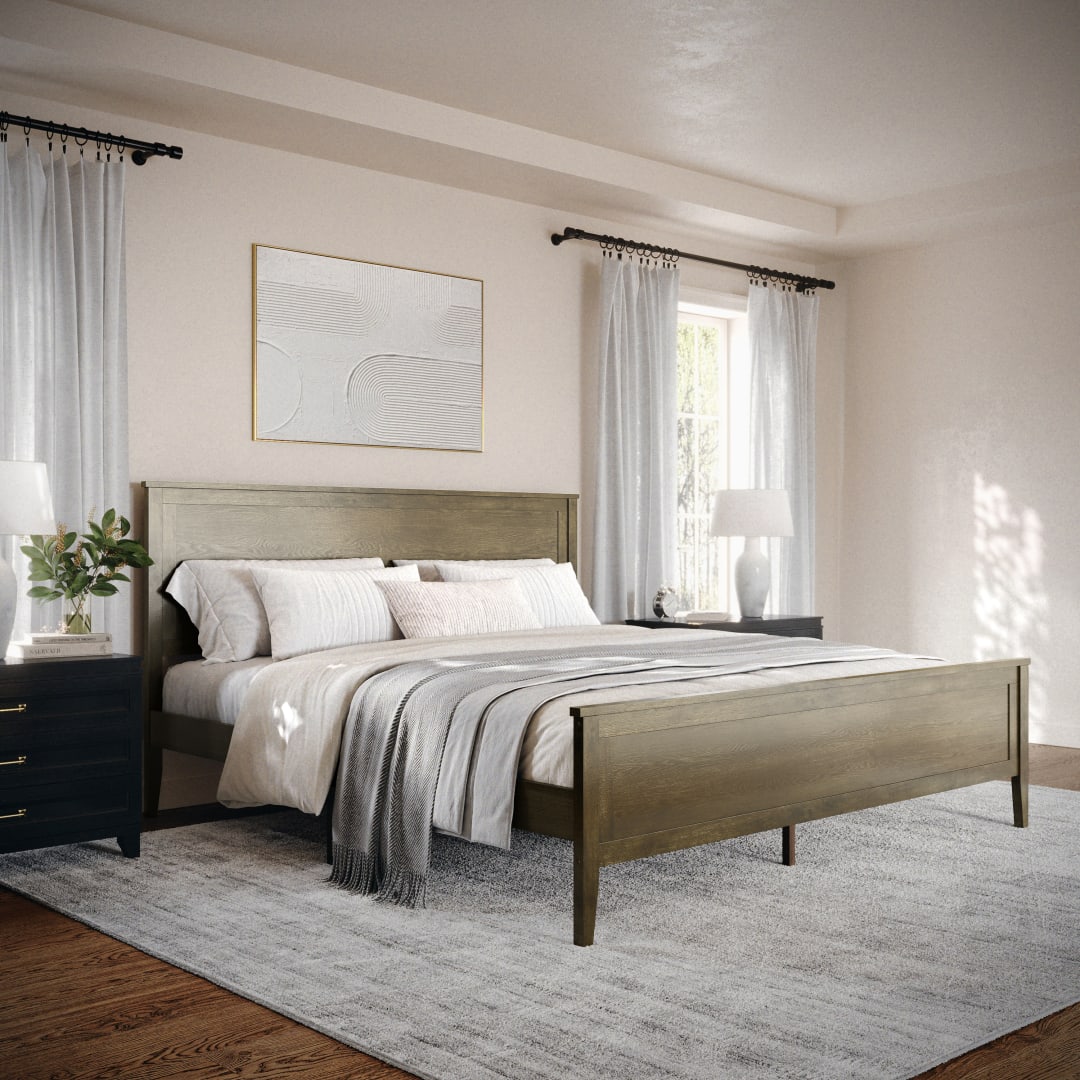 Corbin King Size Solid Wood Platform Bed with Wooden Headboard and Footboard, No Box Spring Needed, Brown Gray
