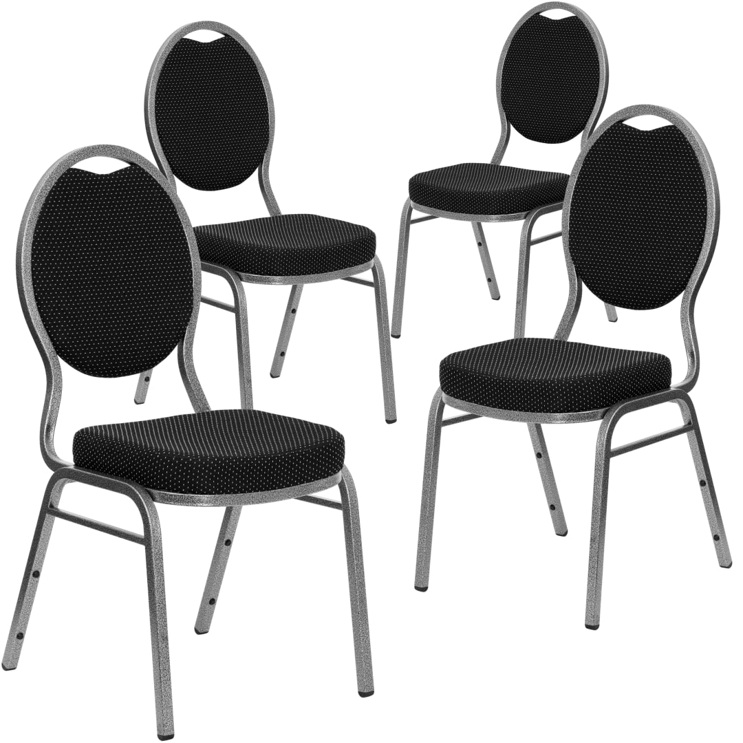 4 Pack HERCULES Series Teardrop Back Stacking Banquet Chair in Black Patterned Fabric - Silver Vein Frame