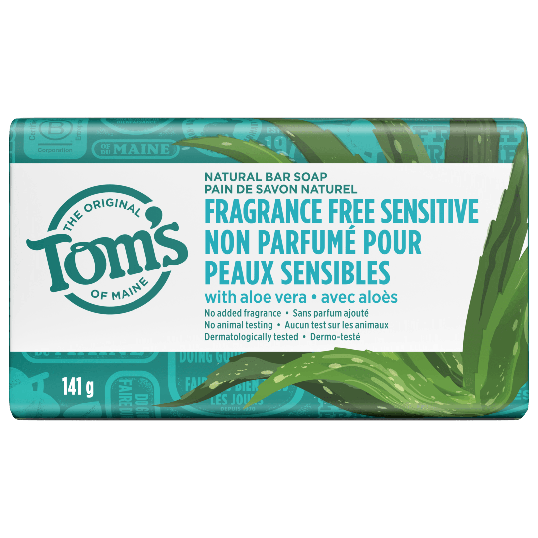 Tom’s of Maine Fragrance Free Sensitive Natural Bar Soap with Aloe Vera, Dermatologically Tested, Paraben Free, Vegan, 141g