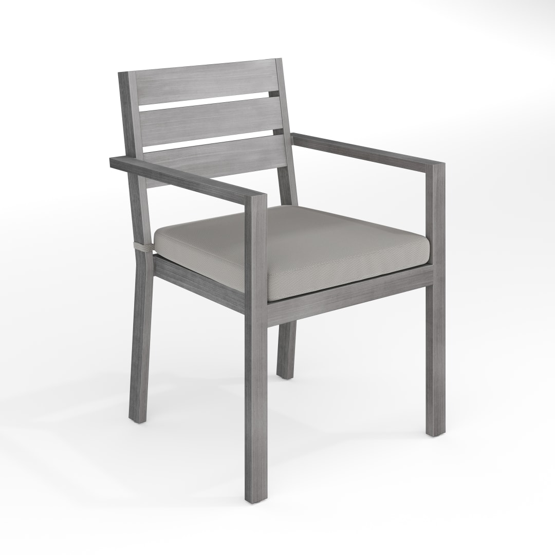 Bedford Indoor-Outdoor Stackable Patio Dining Armchair with Gray Brushed Woodgrain Aluminum Finish and Gray All-Weather Seat Cushion