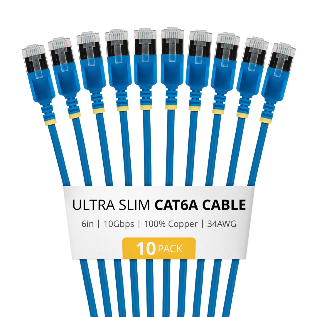 Cat6A STP 34AWG Ultra Slim Patch Cable, Blue 6 in - 10 Pk