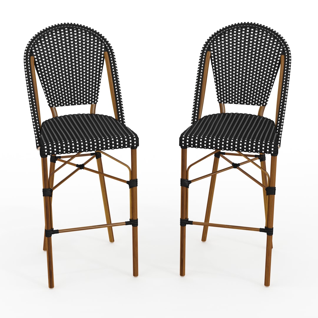 Lily Pond Set of 2 Indoor-Outdoor Stackable Bistro Bar Stools with Natural Woodgrain Aluminum Finish Frames, Black/White Woven Rattan Backs/Seats