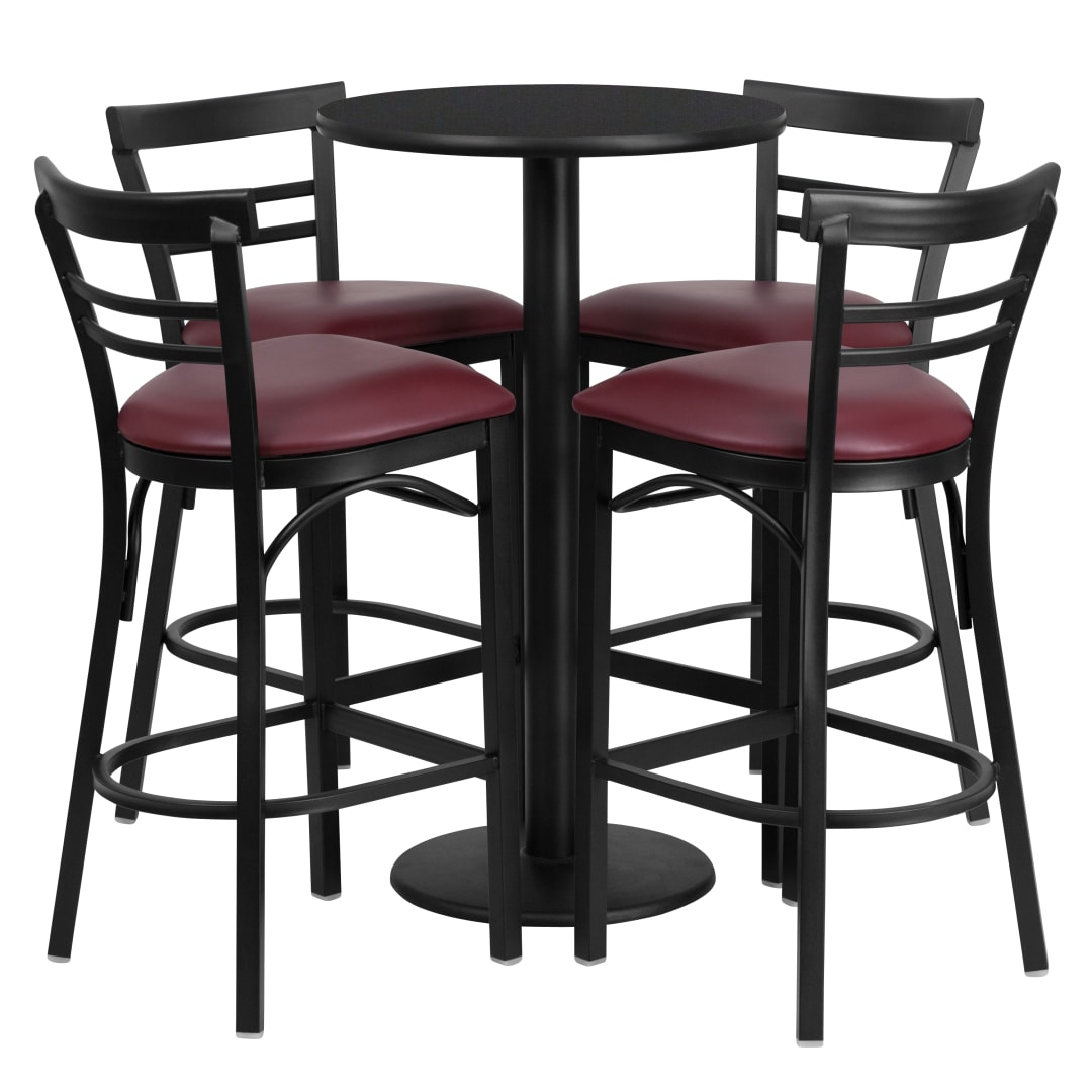 Jamie 24'' Round Black Laminate Table Set with Round Base and 4 Two-Slat Ladder Back Metal Barstools - Burgundy Vinyl Seat
