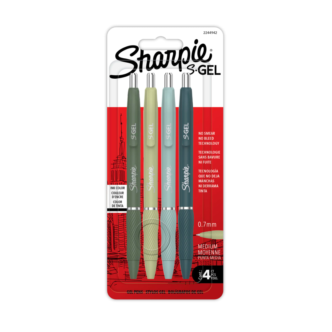 Sharpie S-Gel, Gel Pens, Medium Point (0.7mm), Assorted Fashion Barrels, Black Ink, 4 Count