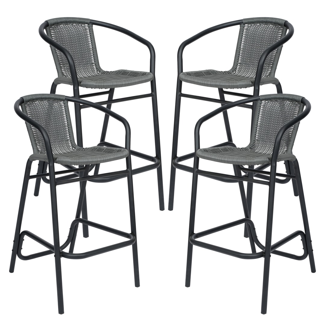 4 Pack Lila Set of 4 Commercial Grade Gray Rattan Indoor-Outdoor Restaurant Barstool