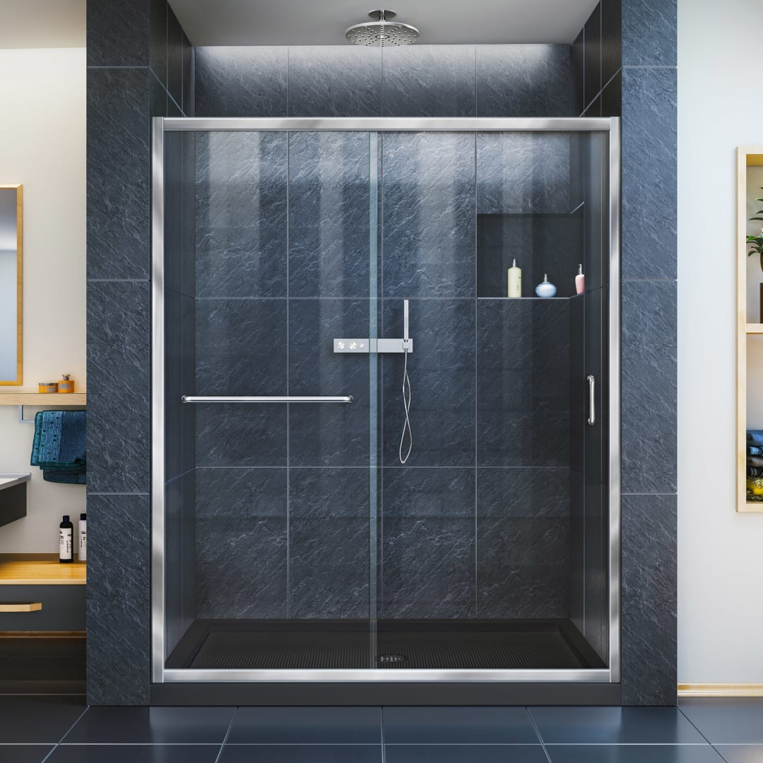 DreamLine Infinity-Z 34 inch D x 60 inch W x 74 3/4 inch H Semi-Frameless Sliding Clear Shower Door in Chrome with Center Drain Black Shower Base Kit