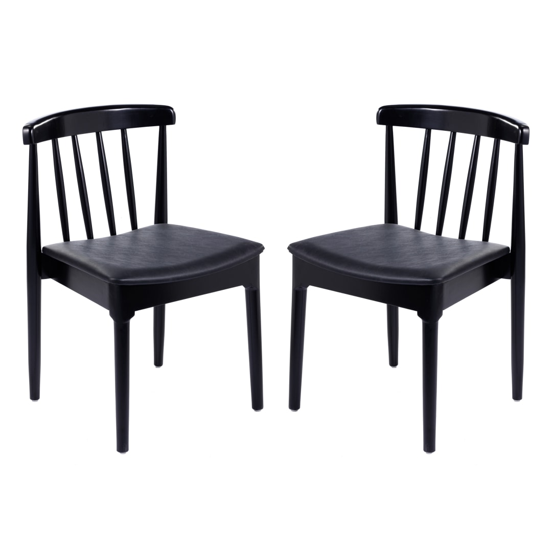 Chester Set of 2 Commercial Grade Solid Wood Black Dining Chairs with Curved Spindle Backrests and Black Vinyl Seats