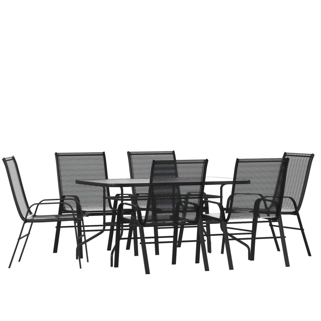 Brazos 7 Piece Outdoor Patio Dining Set - 55" Tempered Glass Patio Table with Umbrella Hole, 6 Black Flex Comfort Stack Chairs